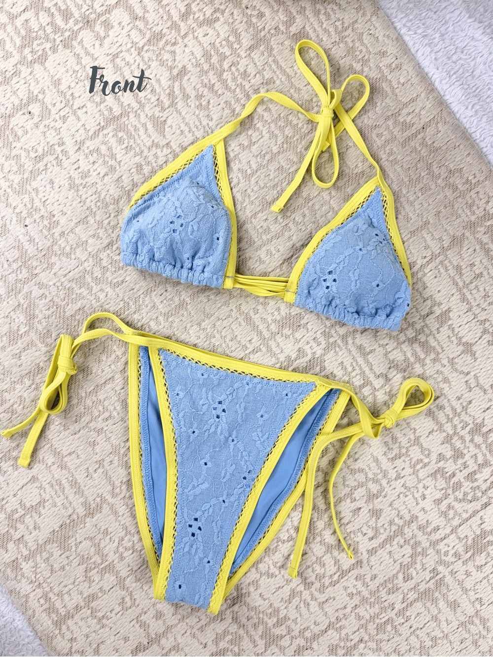 Blue and Yellow Lace Trim Tie-Side Bikini - Women's Swim